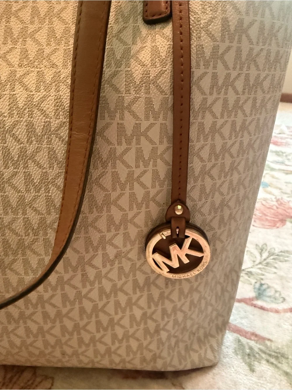 Michael Kors Beige Signature MK Logo Tote with Brown Leather Straps